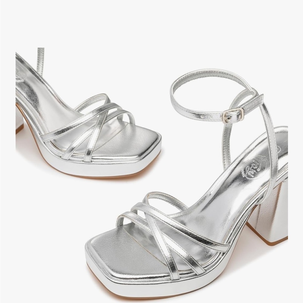 Silver platform strappy heels